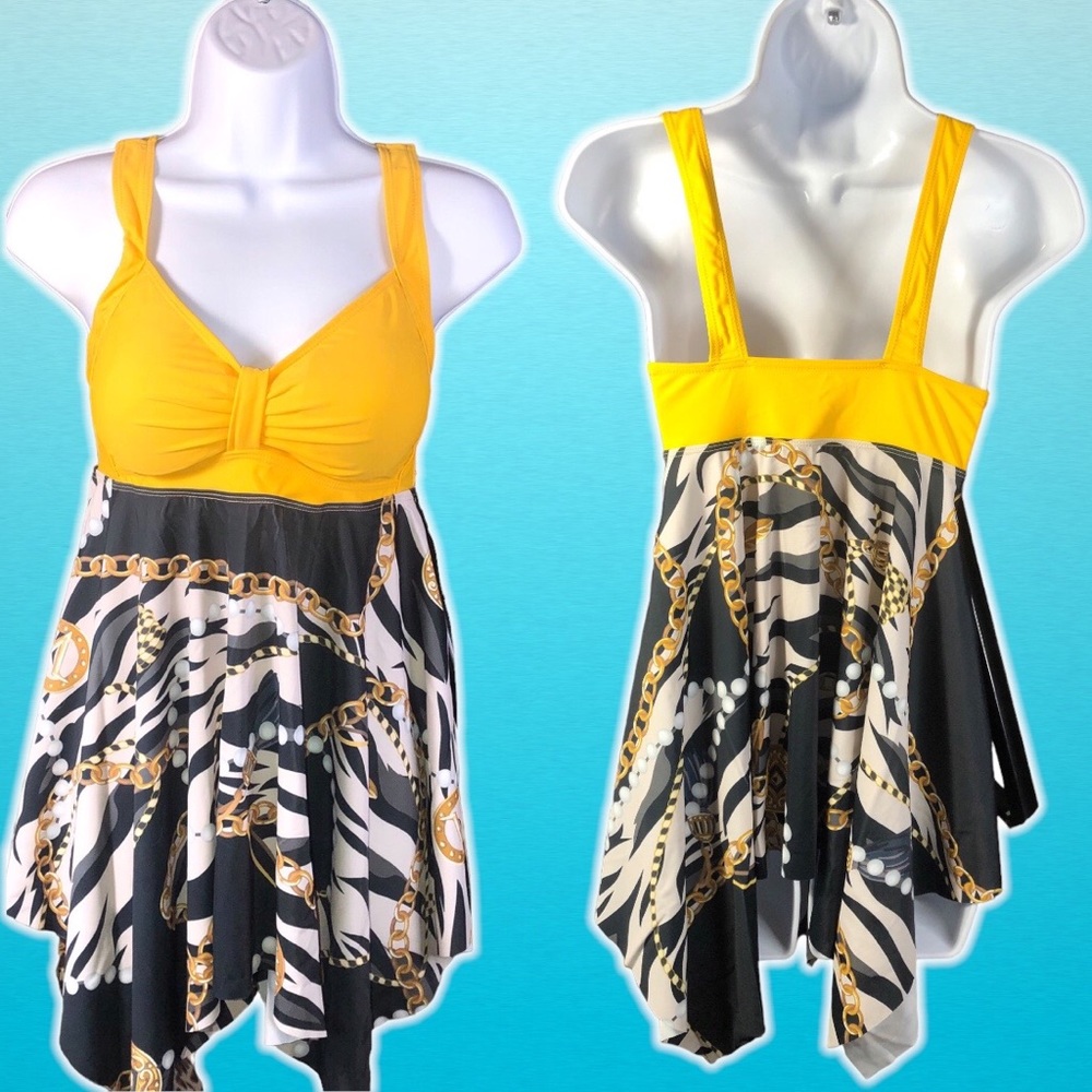 Yellow Zebra Gold Chain Pearls Print Tankini Swimdress TOP ONLY Size L